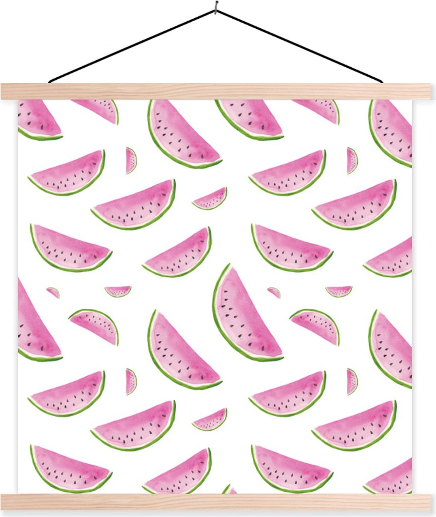 MuchoWow Textilposter Wassermelone - Aquarellfarbe - Design 60x60 cm mit holzfarbenen Rahmen - Wanddekoration