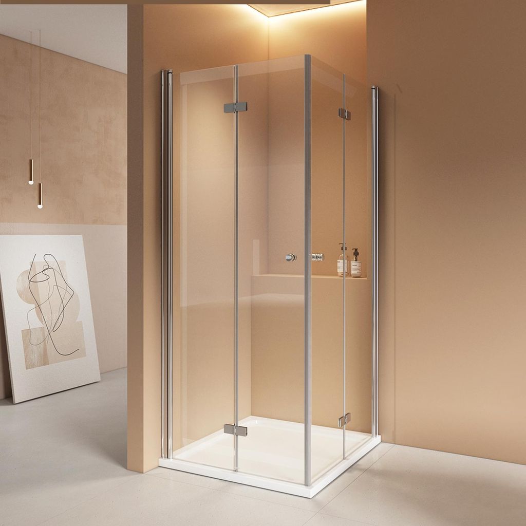 EMKE Duschkabine 75x90x185cm Eckeinstieg Pendeltür Falttür, 6mm ESG Sicherheitsglas, Höhe 1850mm, Hebe-Senk-Funktion, Chrom-Optik EDF-Serie