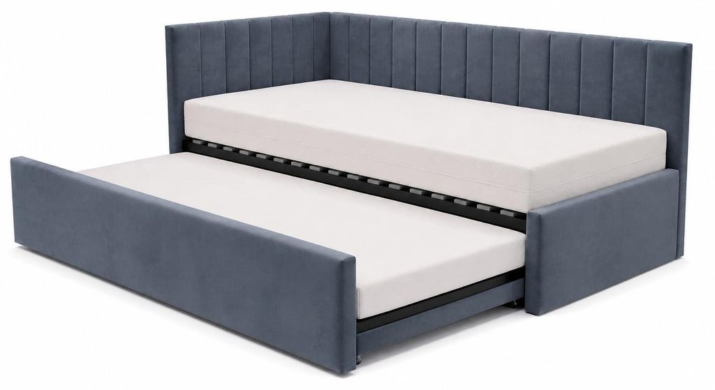 Kinderbett Alvin 01 100x200 - Jugendbett mit einer Schublade und zwei Liegeflächen - Einer Matratze T28-30 - Weich Riviera-Stoff - Blau, Links
