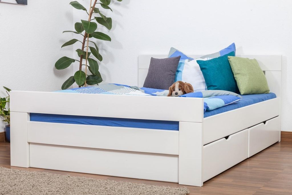 Einzelbett / Funktionsbett "Easy Premium Line" K6 inkl. 2 Schubladen und 1 Abdeckblende 140 x 200 cm Buche Vollholz massiv weiß lackiert