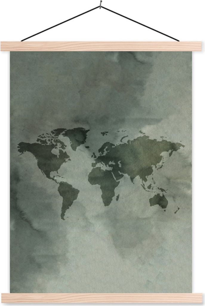 MuchoWow Textilposter Weltkarte - Aquarellfarbe - Grau 60x80 cm mit holzfarbenen Rahmen - Wandbild