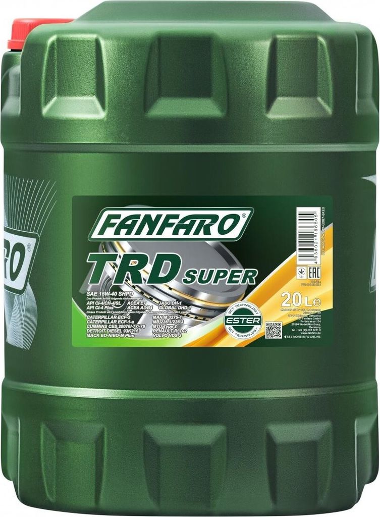 FANFARO SHPD TRD Super für 15W-40 20 Liter Motoröl Motorenöl GLOBAL DHD-1 CATERPILLAR ECF-2 CATERPILLAR ECF-1-A CUMMINS CES 20078 DDC PGOS 93K21...