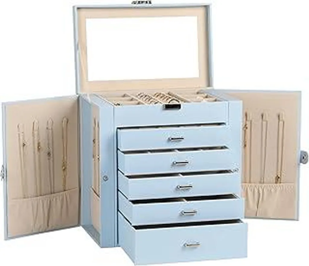 Frebeauty Grande portagioie, 6 livelli, Finto cuoio, organizer per gioielli, scatola multifunzionale con specchio, porta accessori con 5 cassetti per collane, bracciali, orologi (azzurro)