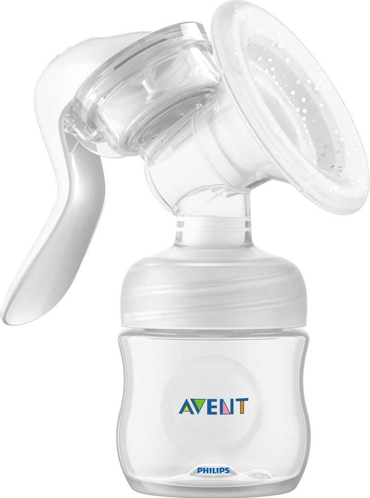 A Philips Avent manual breast pump with a bottle.
