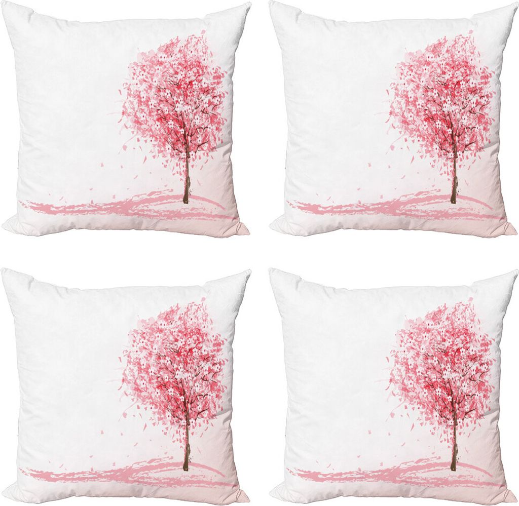 ABAKUHAUS japanisch Kissenbezug Set (4 Stück), Far East Sakura Bloom, Moderner Doppelseitiger Digitaldruck, 50 cm x 50 cm, Pale Pink Weiß