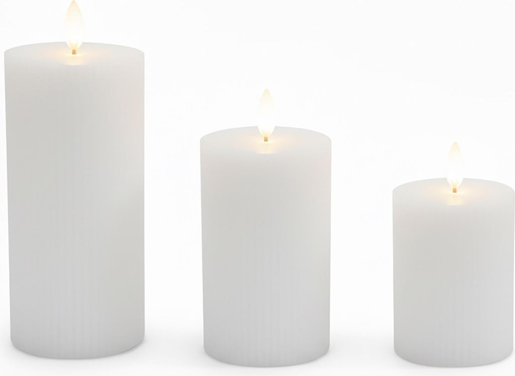 Relaxdays LED Kerzen, 3er Set, 3 Größen, flackernde Flamme, Echtwachs, mit Rillen, flammenlose Elektrokerzen, weiß