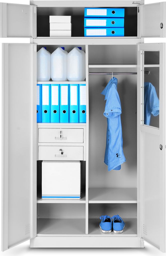 An open metal cabinet with various items stored inside, including folders, bottles, a jacket, and shoes.
