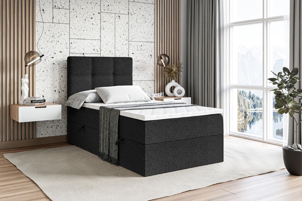 ALTDECOR Boxspringbett mit H4 Matratze und Topper - 90x200 cm - MARCE - Schwarz Gewebe - Rechts Öffnung - Polsterbett mit Bettkasten und Lattenros...