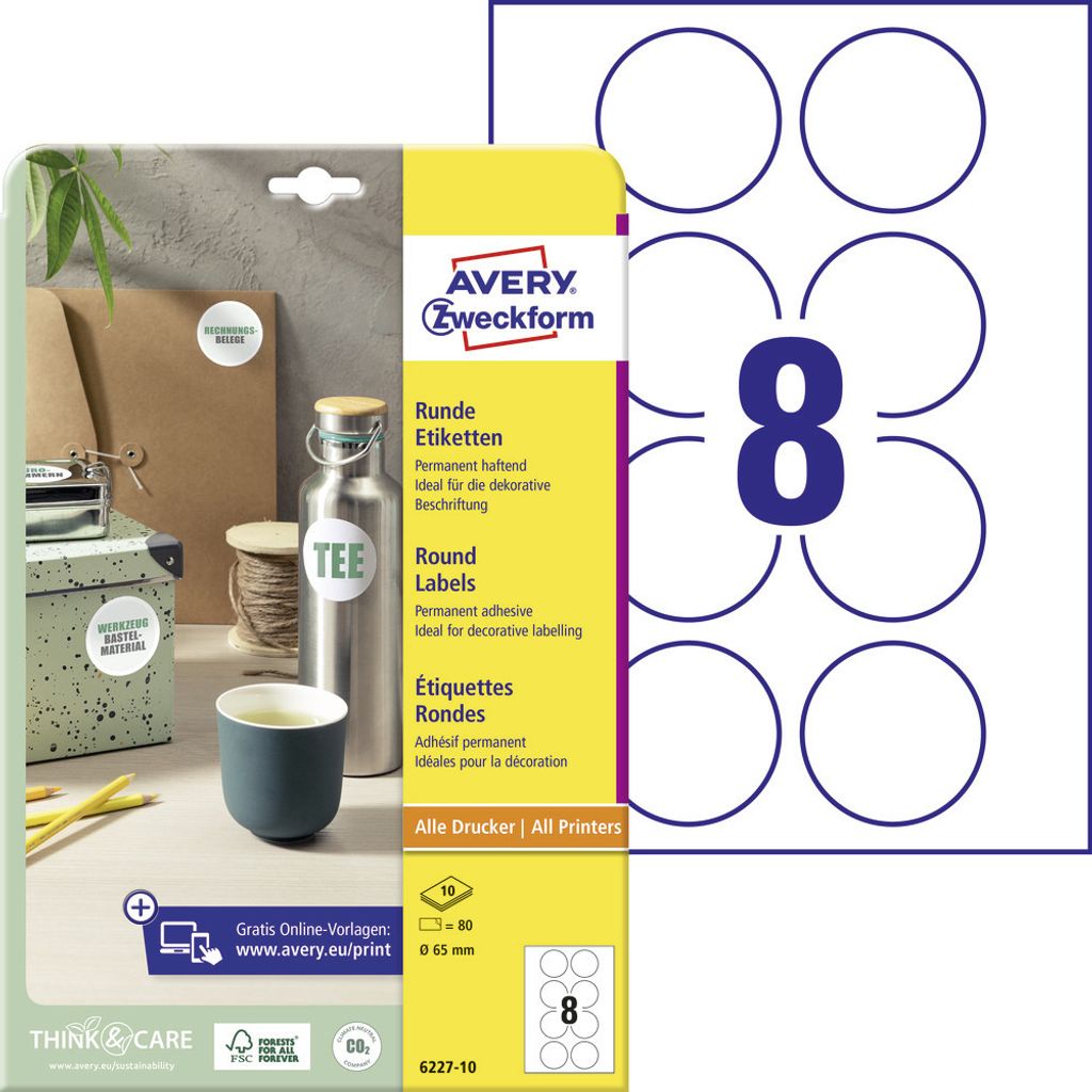 Avery Zweckform 6227-10 Runde Etiketten, A4, Ø 65 mm, weiß