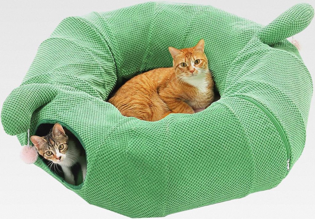 Katzentunnel, Kaktus-Katzen-Donut-Tunnel, zusammenklappbarer Katzentunnel, Durchmesser 90cm mit Blumen-Weichmatte für Wohnungskatzen