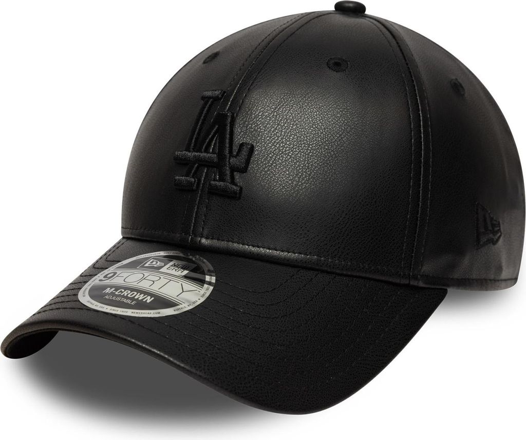 A black leather-like baseball cap with the Los Angeles Dodgers logo.