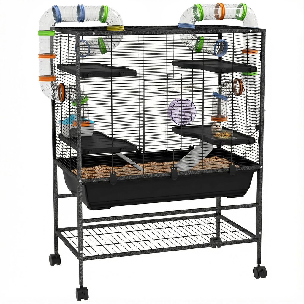PawHut Hamsterkäfig mit Röhren, Laufrad, Häuschen, 109x82x46 cm, Schwarz