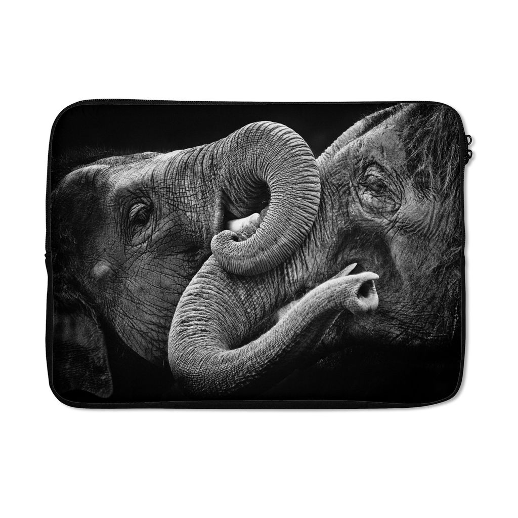 MuchoWow Laptop Hülle 14 ZollUmarmende Elefanten auf schwarzem Hintergrund in Schwarz und Weiß Laptoptasche - Laptoptasche - Stoßsicher - Schu...