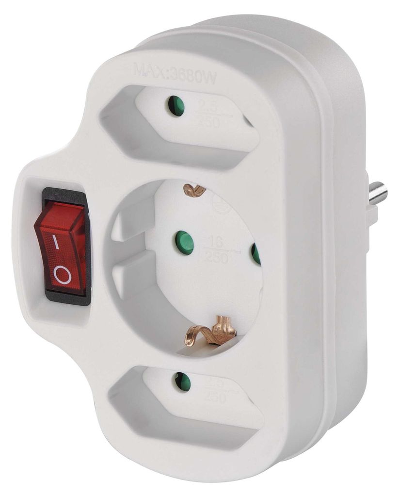 Mehrfachsteckdose, 2x Euro + 1x Schuko mit Schalter, weiss
