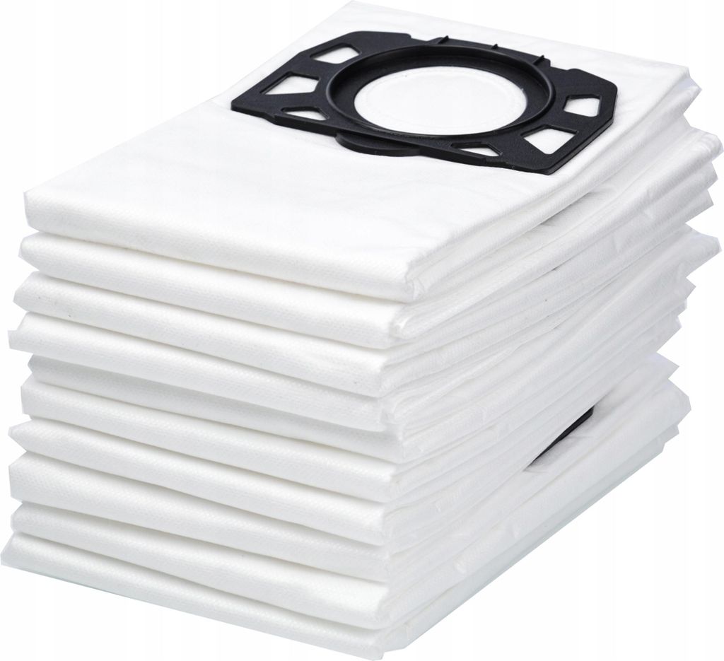 A stack of white vacuum cleaner bags with a black plastic adapter on top, set against a white background.