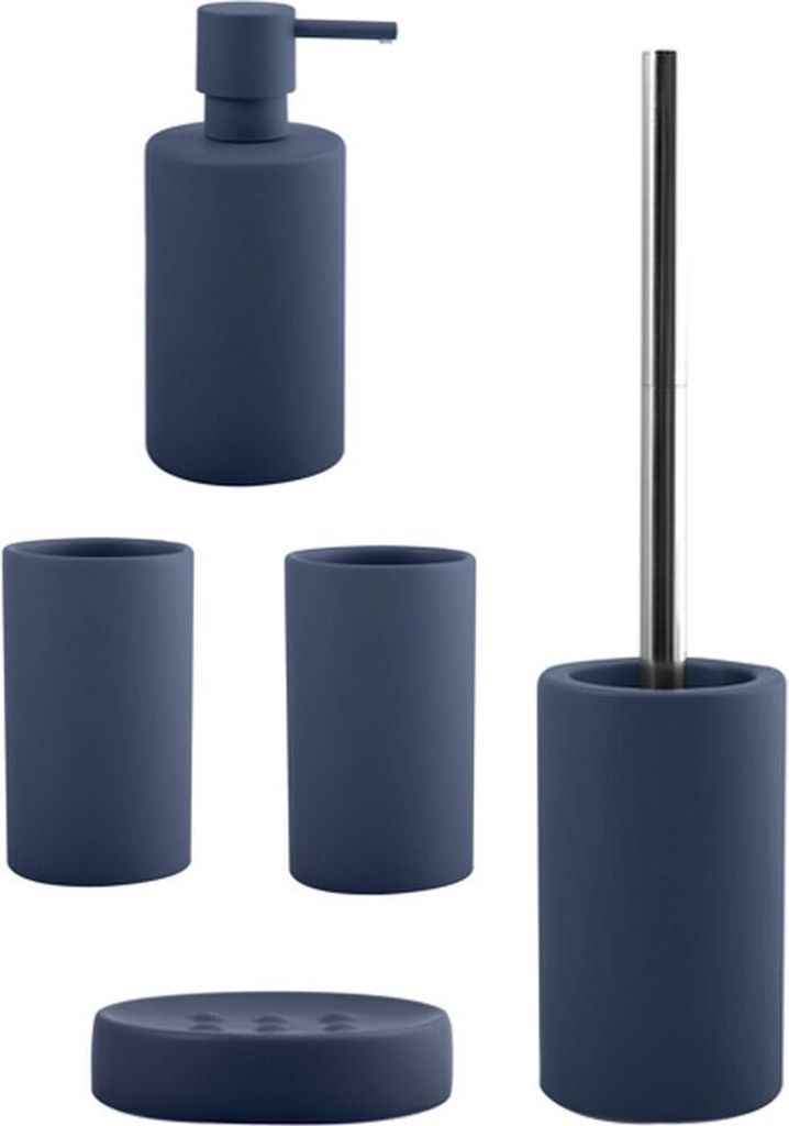 spirella Badezimmer Set, 5-teiliges Badzubehör aus Keramik Tube, Seifenspender, WC Bürste, Seifenschale und 2x Zahnputzbecher Blau matt