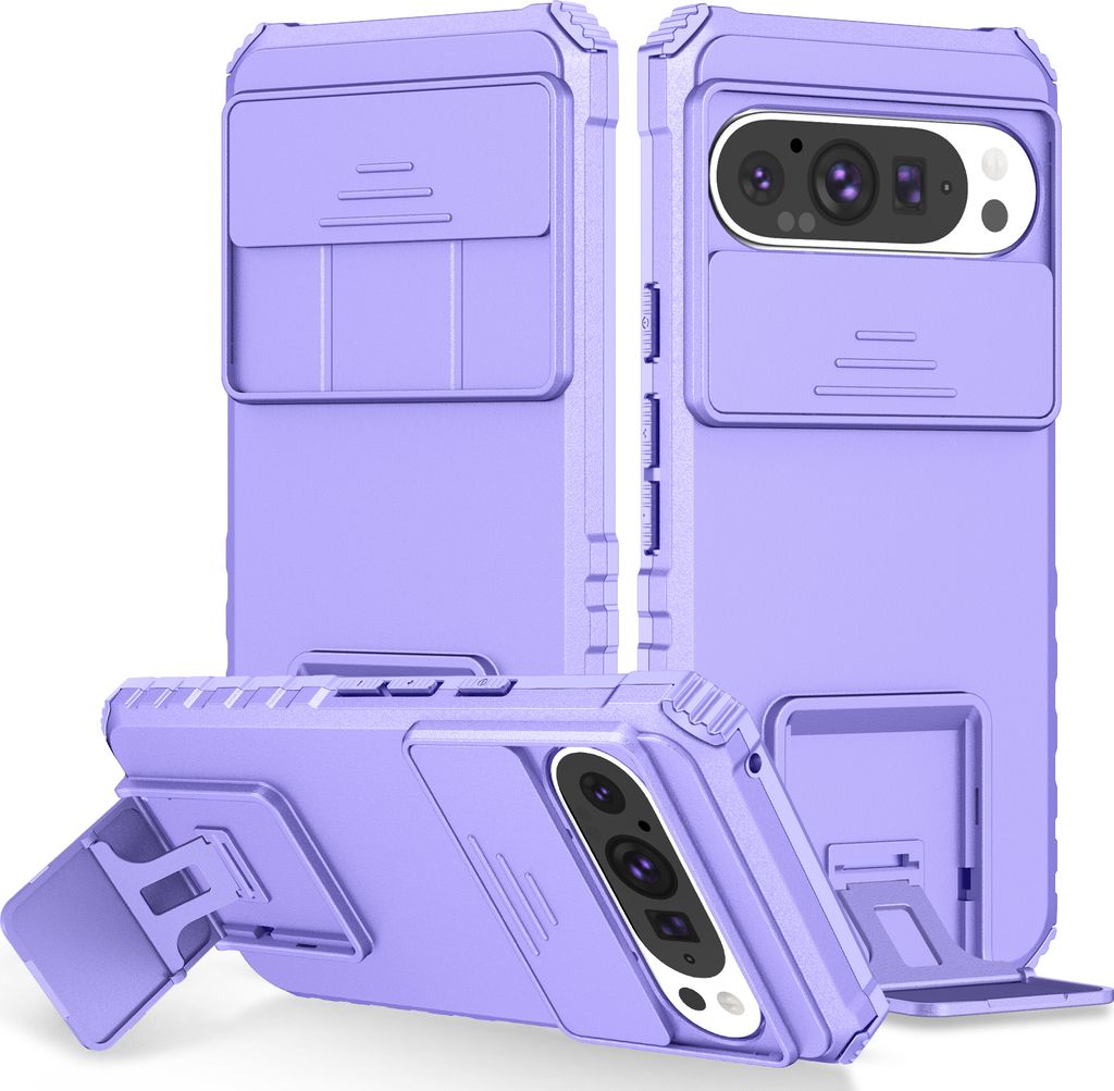 Dual Layer Hülle für Google Pixel 10 / Pixel 10 Pro Stossfest Robust Ständer Schutzhülle mit Schiebe Kamera Schutz Lila