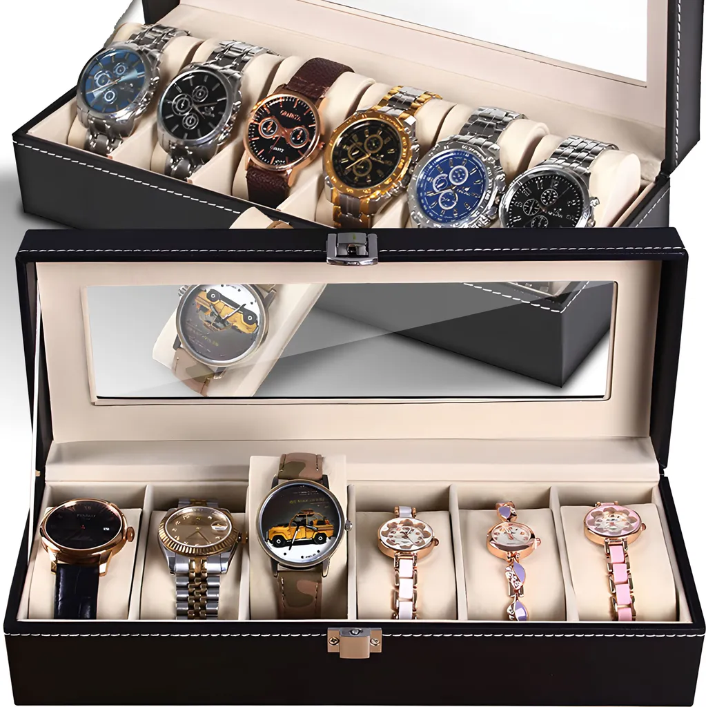 Boîte à montres 6 slots en cuir noir Retoo avec couvercle vitré et écrin
