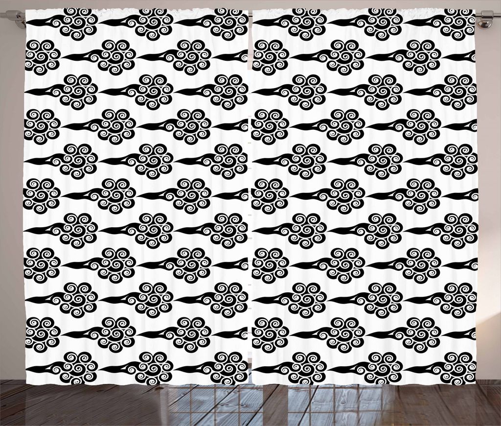 ABAKUHAUS Wolke Rustikaler Vorhang, Chinese Oriental Motive, Wohnzimmer Universalband Gardinen mit Schlaufen und Haken, 280 x 245 cm, Schwarz und w...