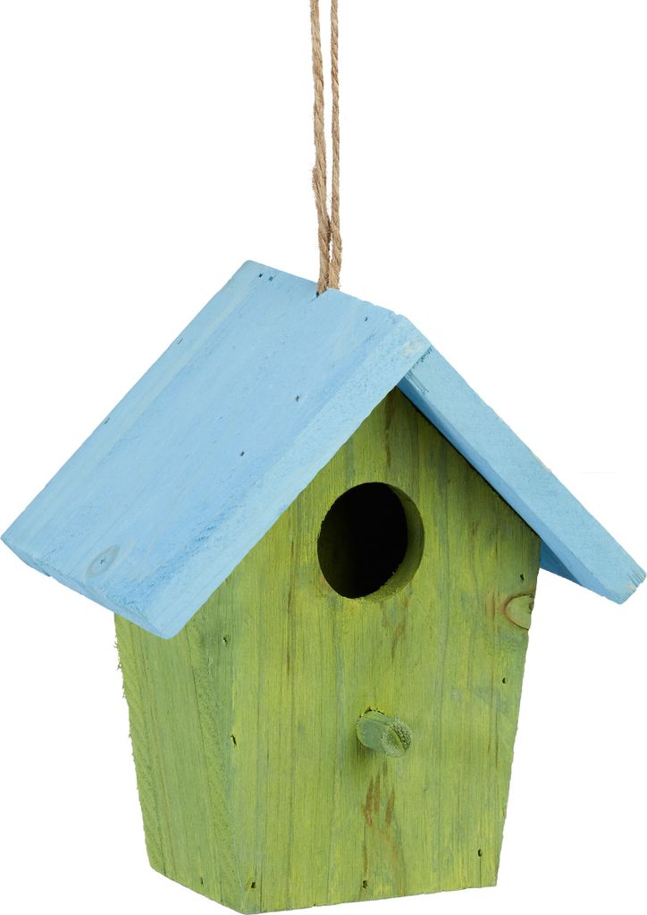 Relaxdays Deko Vogelhaus bunt, aus Holz, Kleines Vogelhäuschen, Frühlingsdeko zum Aufhängen, HBT: ca. 16 x 15 x 8 cm, grün