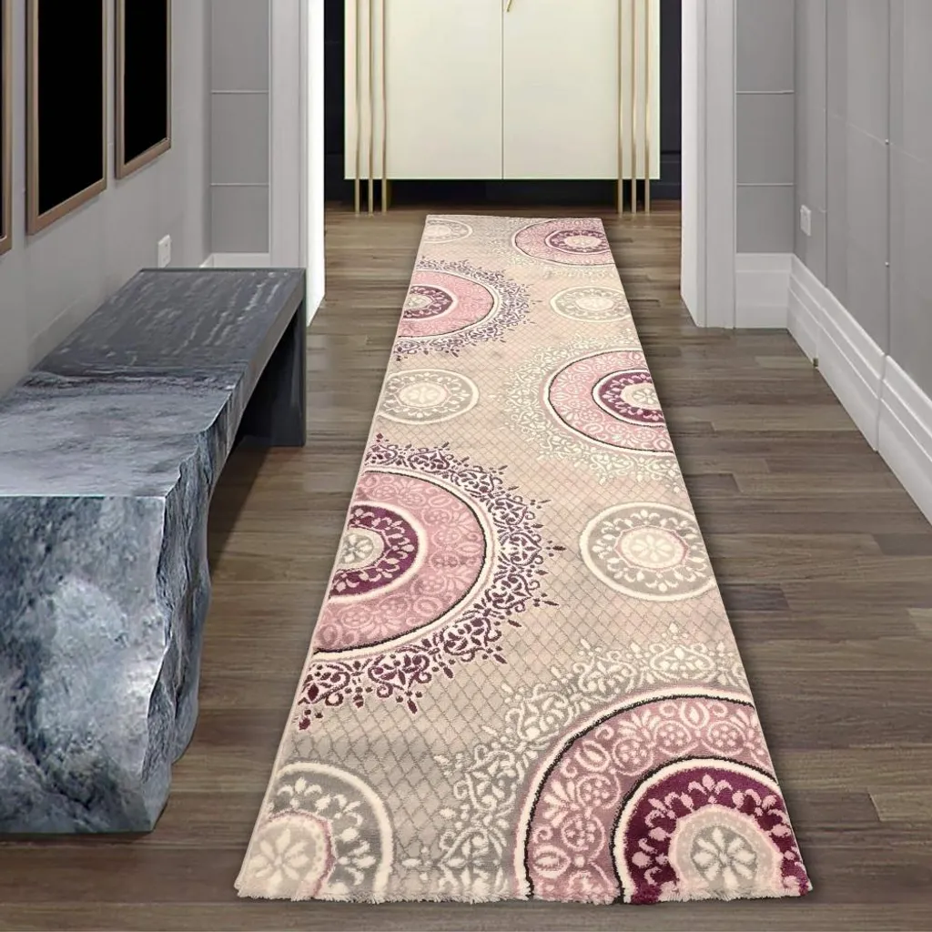 Tapis moelleux à motifs cercles 80x300 cm rose violet gris et crème