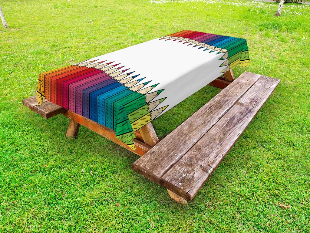 ABAKUHAUS Skizze-Kunst Tischdecke Outdoor, Bunter Gekritzel-Stil Illustration von Buntstiften Educating Themed, Mehrfarbig Weiß, 145x265cm