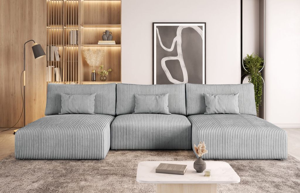 Easy4You Hellgrau Ecksofa Senf Kord in U-Form 315 x 80 x 152 cm mit Schlaffunktion und Bettzeugbehälter - Schlafsofa mit Bettkasten - Eckcouch mit...