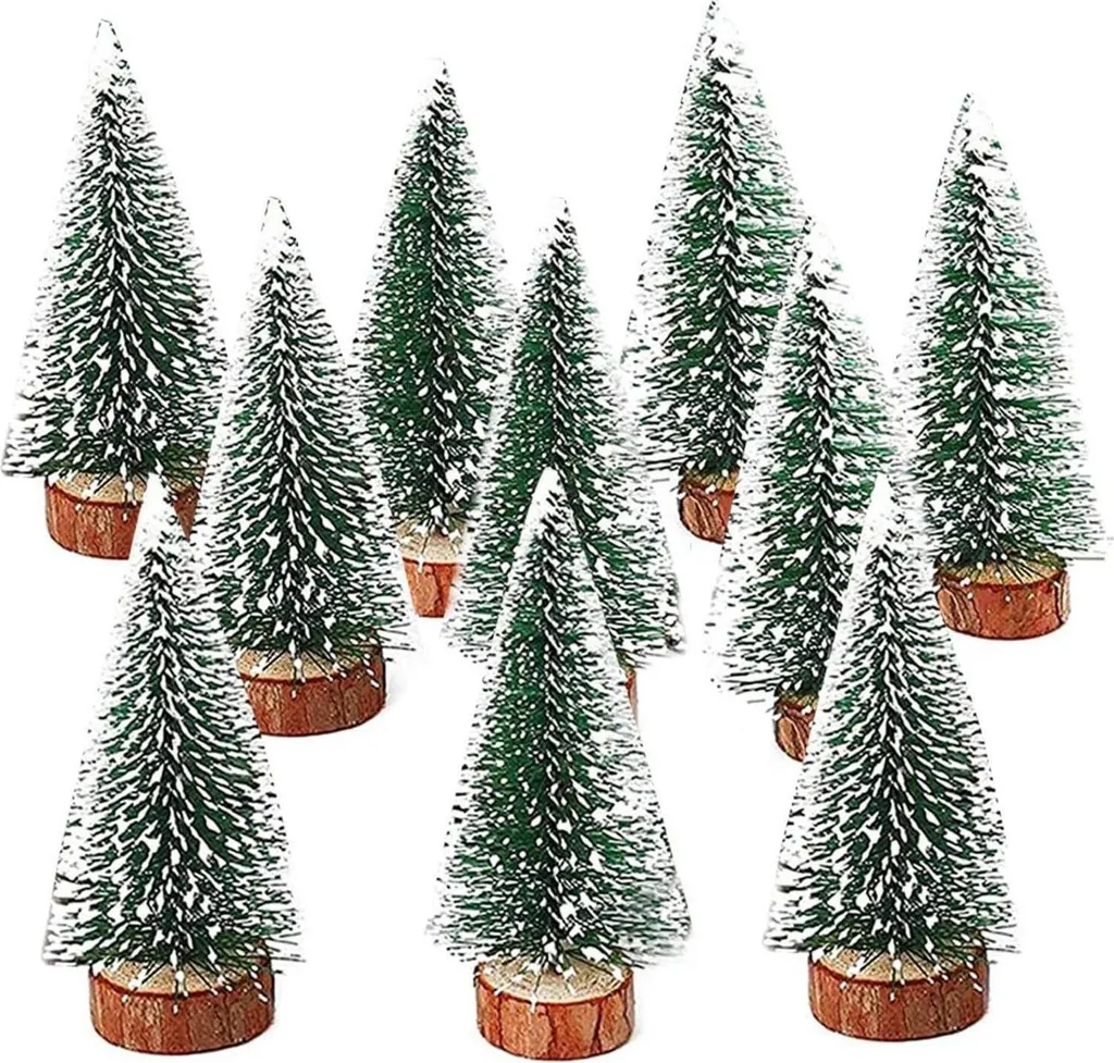 Mini sapin de Noël stable avec socle bois : lot de 10 déco effet neige