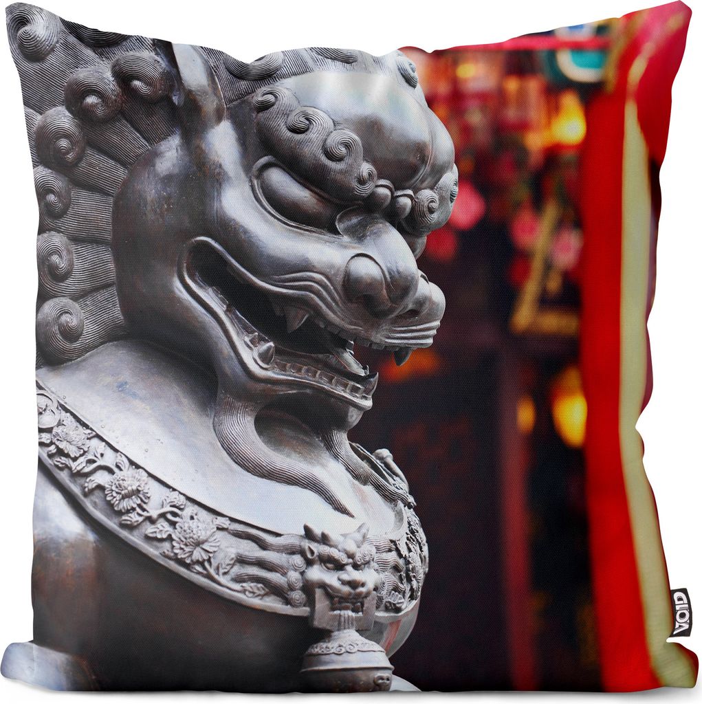 VOID Chinesischer Löwe Statue Deko China Kissenbezug Kissenhülle Polyester wasserfest Outdoor Indoor
