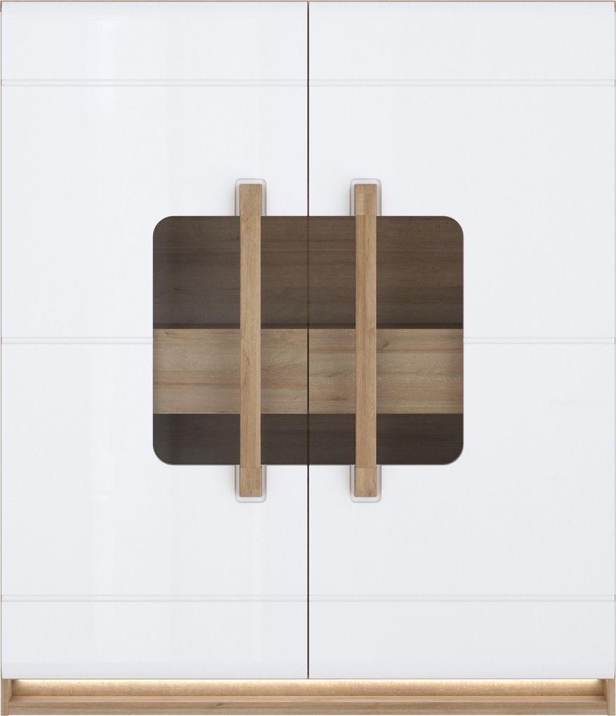 Stauraumvitrine >ATTENTION< 2 Türen, 2 Schübe, Eiche Nachbildung / Weiß Gloss - 119,9x139,6x41,5cm BxHxT