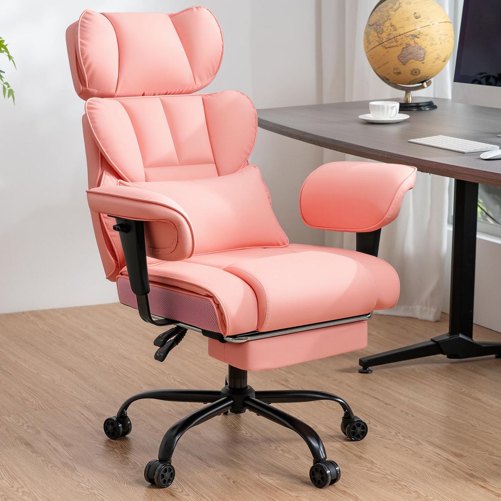 HOFFREE Ergonomischer Leder Bürostuhl, hoher XXL Drehstuhl mit Fußstütze, verstellbarer Kopf- & Armlehnen, bis 200 kg belastbar, Pink