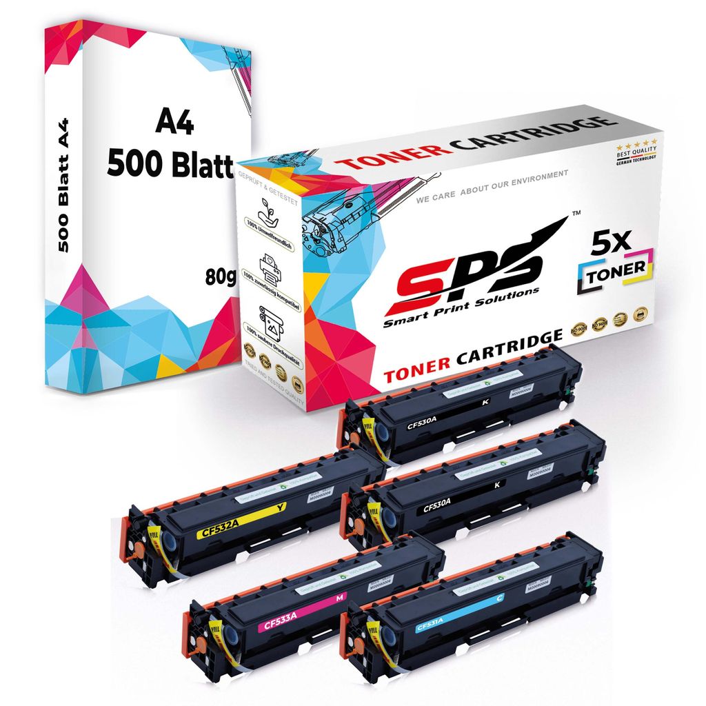 5x Toner 304A CC530A CC531A CC532A CC533A kompatibel für HP Color Laserjet CP2020NF + DIN A4 Druckerpapier 500 Blatt
