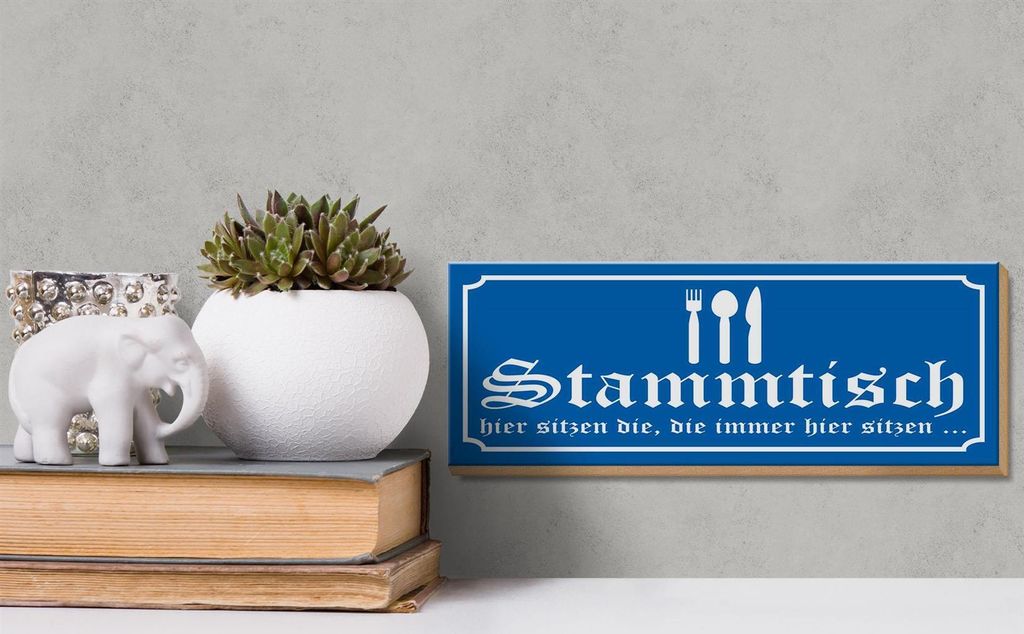Holzschild Hinweis Stammtisch hier sitzen (blau), 27x10 cm, Holzschilder Spruch Gruppe Gäste