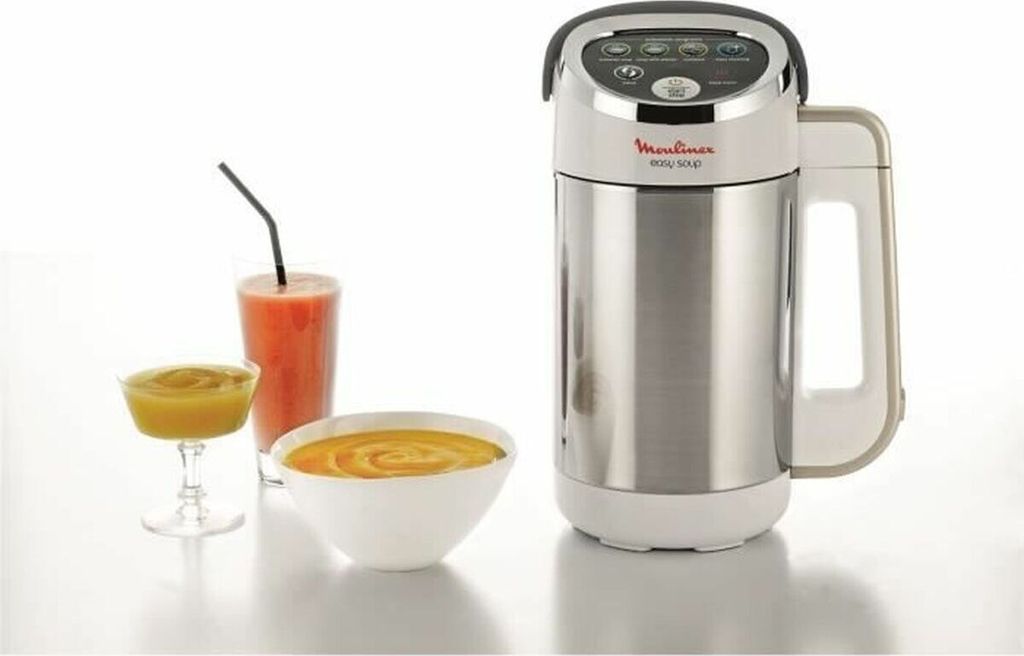 A soup maker with two glasses of soup and a glass of juice.