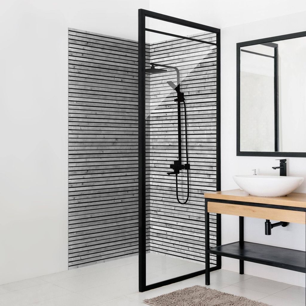 Duschrückwand mit Motiv selbstklebend - 0.61 mm Wandpaneel wasserfest Zement schwarz weiss Steinoptik Industrial Badrückwand fugenlos Premium mat...