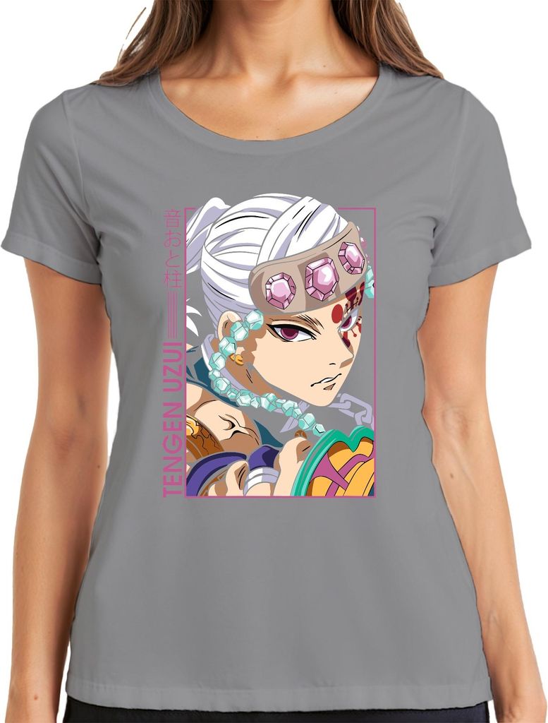 Tengen Uzui Kimetsu no Yaiba Sound Hashira Juwelen Stirnband Glam Damen T-Shirt, Grau, L