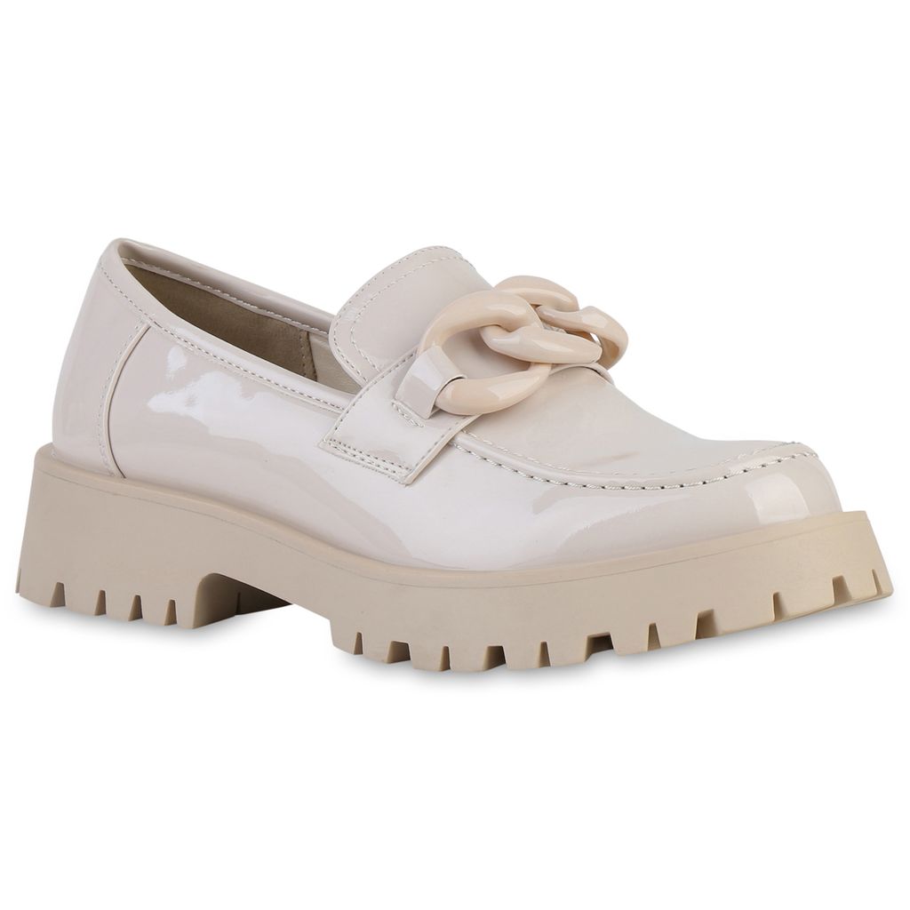 VAN HILL Damen Halbschuhe Plateauschuhe Slippers Ketten Profil-Sohle Schuhe 840052, Farbe: Beige, Größe: 41