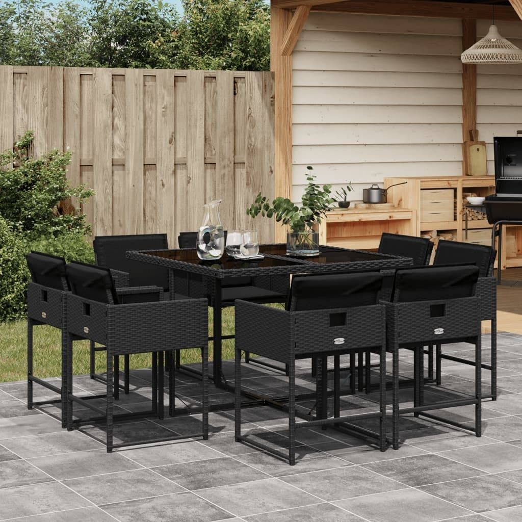 "Rabatt" 9-tlg. Garten-Essgruppe - mit tishe & Stuhl - mit Kissen Schwarz Poly Rattan - Lounge-Dining set CC10855