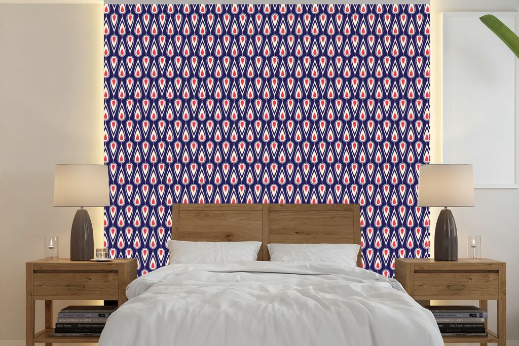 MuchoWow Fototapete für Wohnzimmer oder Schlafzimmer Wandtapete Vinyl Motivtapete Muster - Vintage - Blau - Rot - 260x260 cm - Papiertapeten