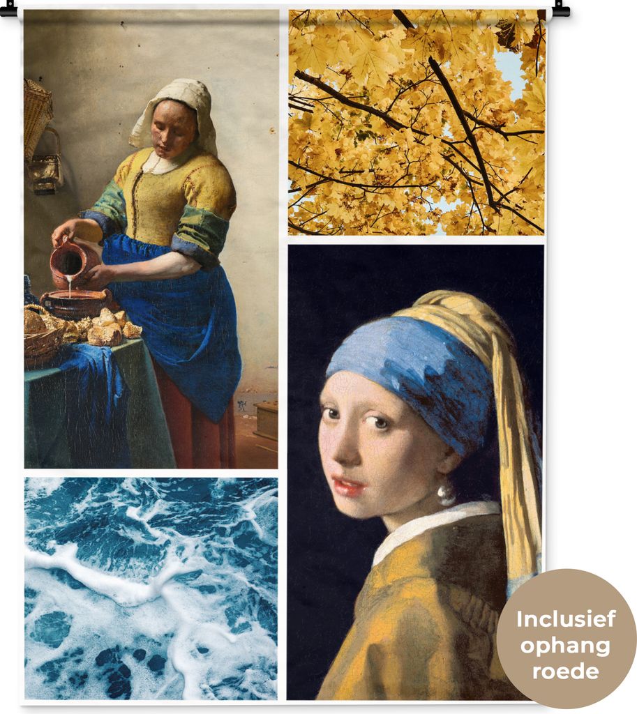 MuchoWow Wandteppich Wandbehang Collage - Vermeer - Milchmädchen - Mädchen mit Perlenohrring 120x160 cm Tapisserie Dekoration Wandtuch - Wohnzi...