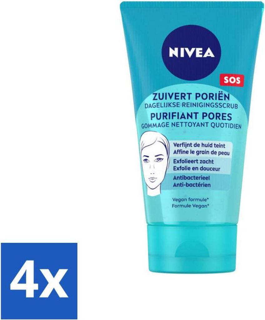 NIVEA – Reinigungspeeling – Essentials Daily Scrub – Für unreine Haut – Mit Milchsäure & Magnolienextrakt – 150 ml - Vorteilspack - 4 S...