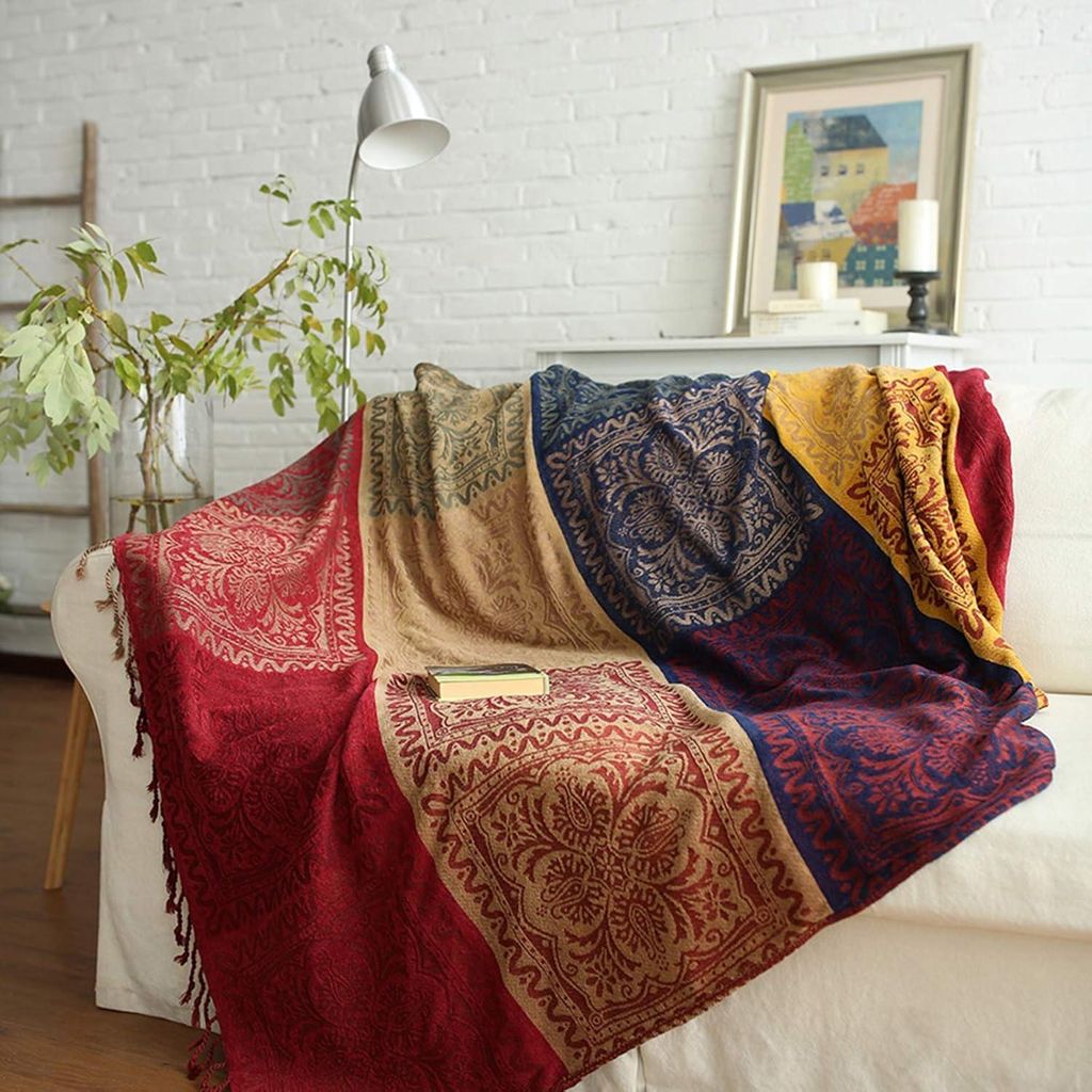 Rote Jacquard-Chenille-Decke, 220 ¡Á 250 cm, Ethno-Muster, dekorative Sofa-/Bettdecke