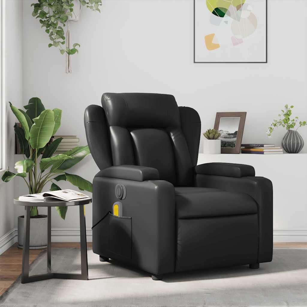 A black massage chair is shown in a living room setting with plants and artwork.