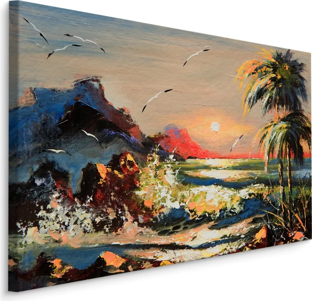 Favolosa carta da parati su tela 90x60 cm XXL stampa d'arte mare palme gabbiani rocce