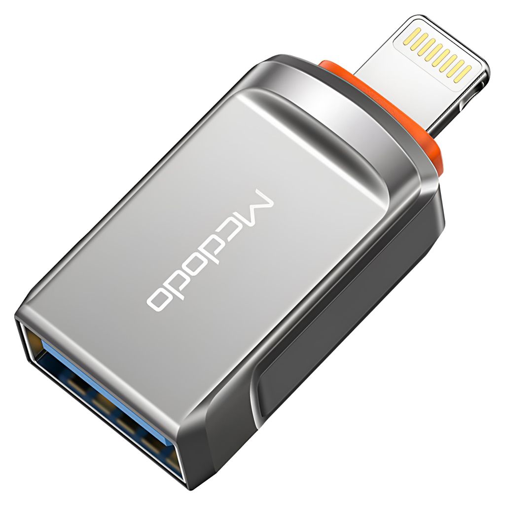 A close-up studio shot of a silver and orange USB adapter with a lightning connector.