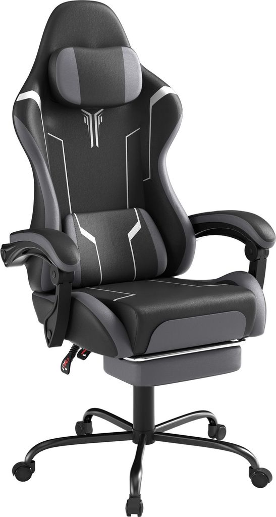 UISEBRT Gaming Stuhl Bürostuhl Ergonomisch Höhenverstellbar mit Kopfkissen Vibrationsmassage Lendenkissen Fußstütze Armlehnen Veloursstoff Schw...