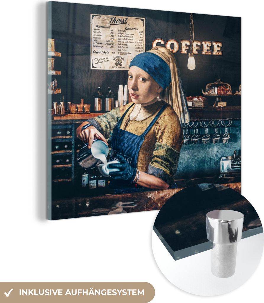 MuchoWow Glasbilder - Bilder auf Wandbild - Foto auf Glas Kaffee - Mädchen mit Perlenohrring - Barista - Vermeer - Cappuccino - Gemälde 90x90 cm ...
