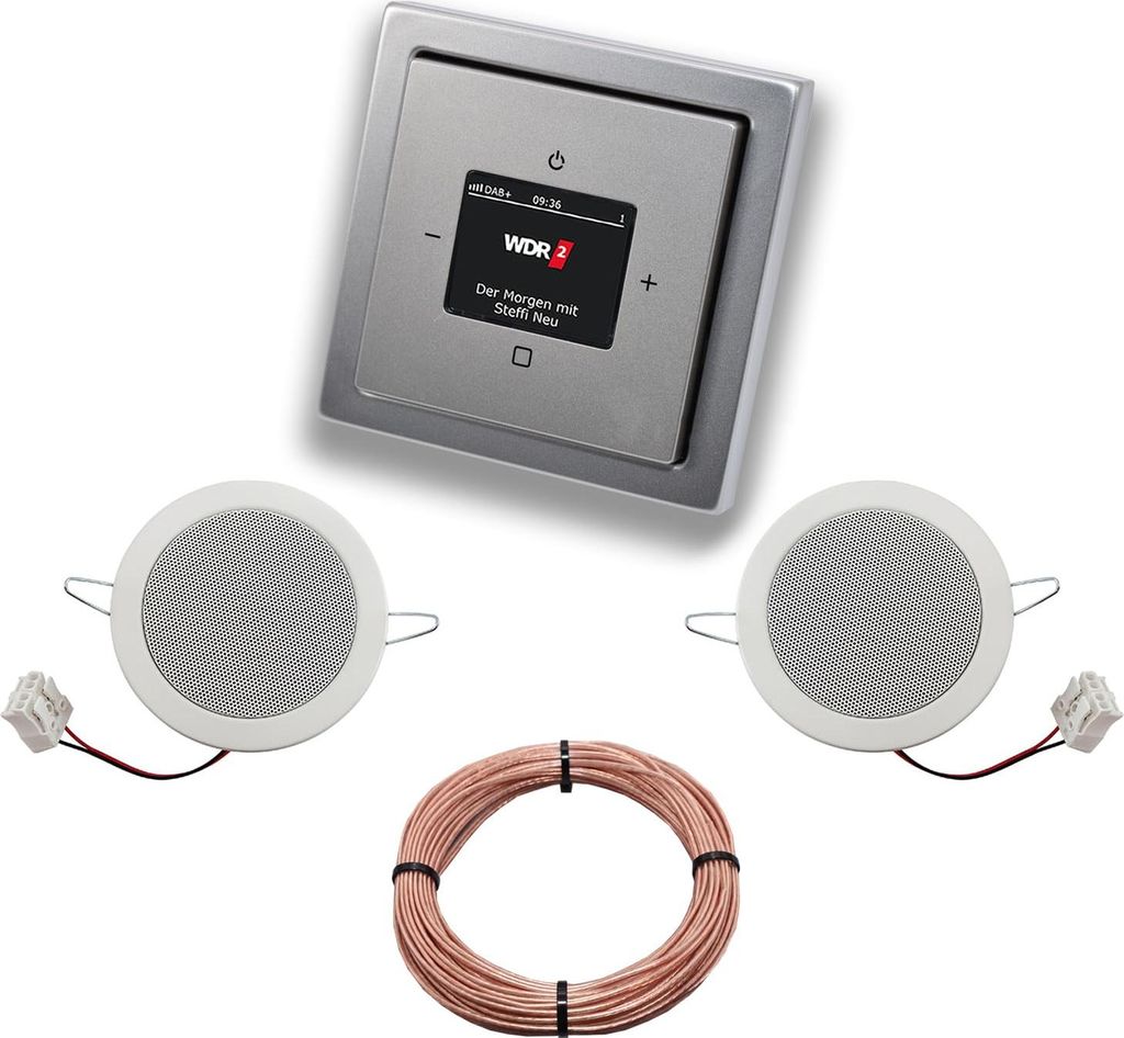 Busch Jäger DAB+ (DAB PLUS) Unterputz Radio 8215U-101 PUR Edelstahl, Komplett-Set mit 2 x Deckenlautsprecher Einbaulautsprecher + 20 Meter Lautspr...