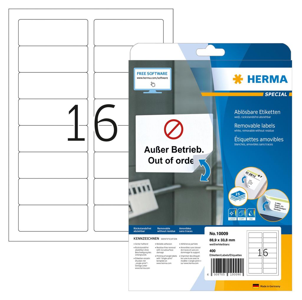 Štítky HERMA A4 bílé 88,9x33,8 mm odnímatelný papír 400 ks. Obrázek produktu 