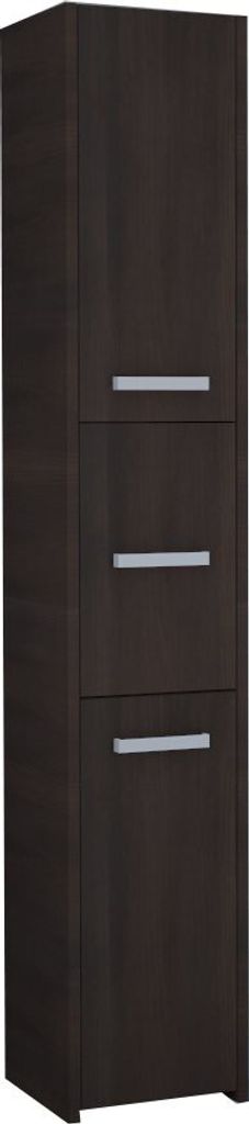 A tall, narrow, dark brown cabinet with three drawers, each with a silver handle.